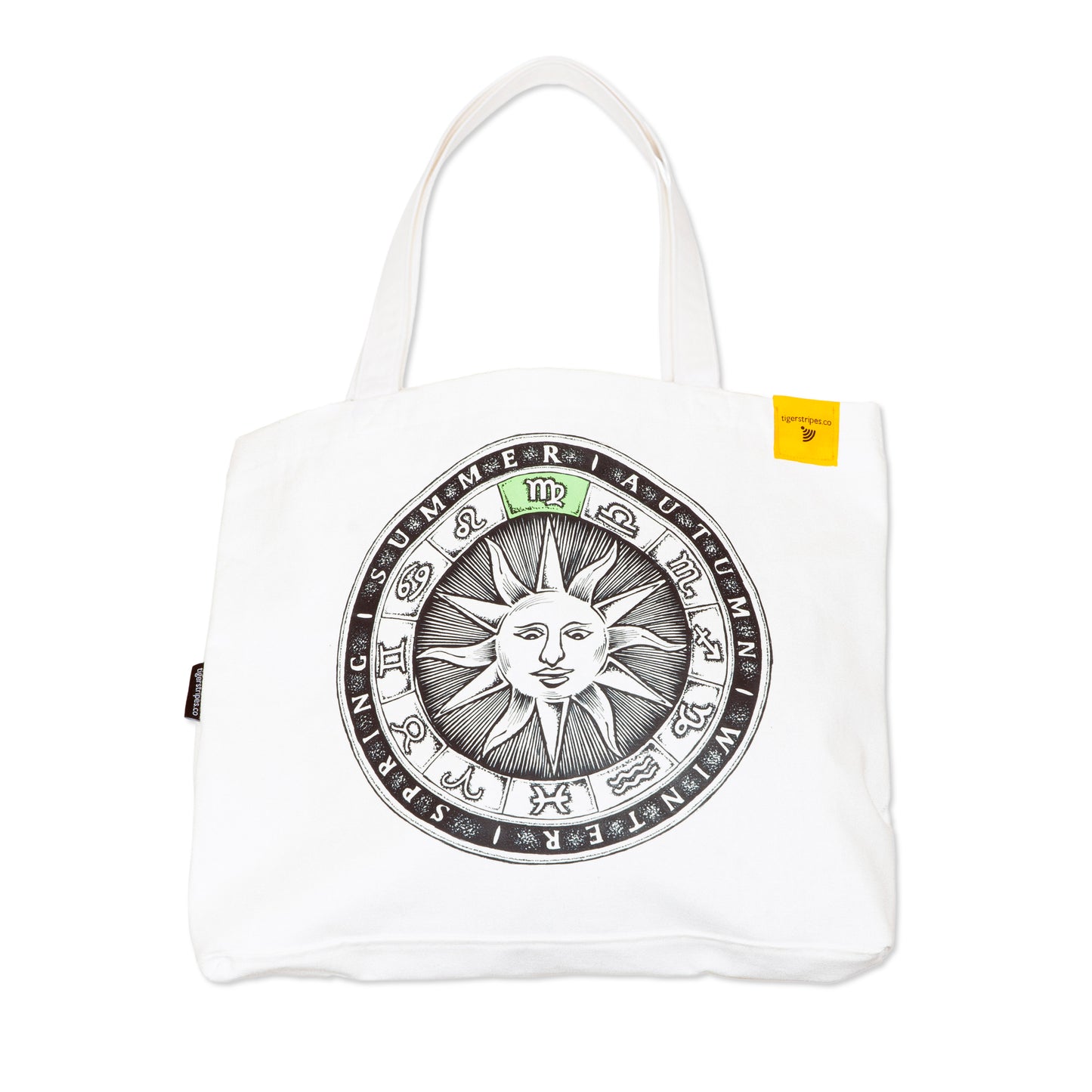 Zodiac Sun Dial - Virgo, White Organic Cotton Canvas Tote Bag