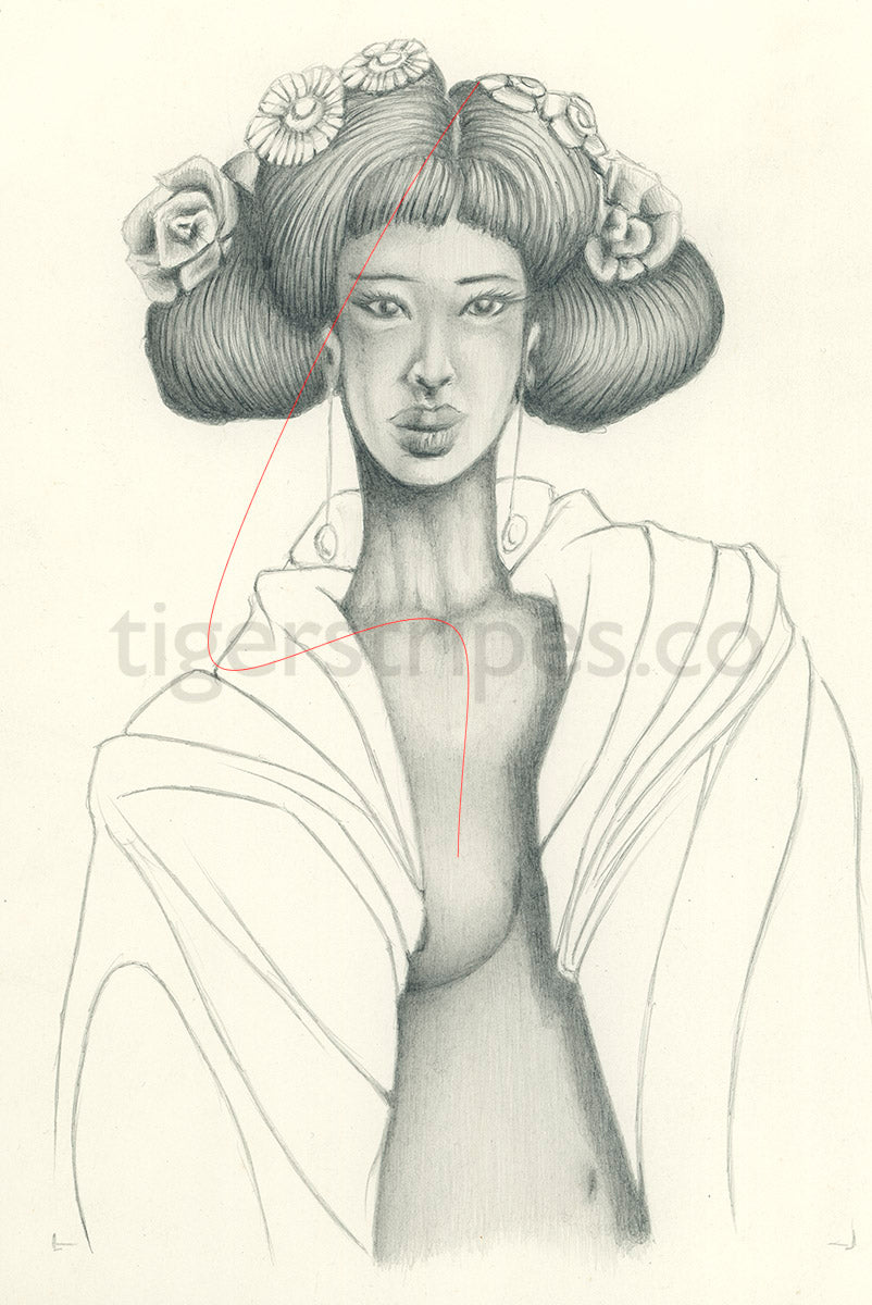Pencil drawing of a woman with floral hair accessories and a white kimono.