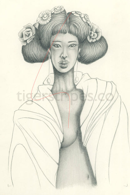Pencil drawing of a woman with floral hair accessories and a white kimono.
