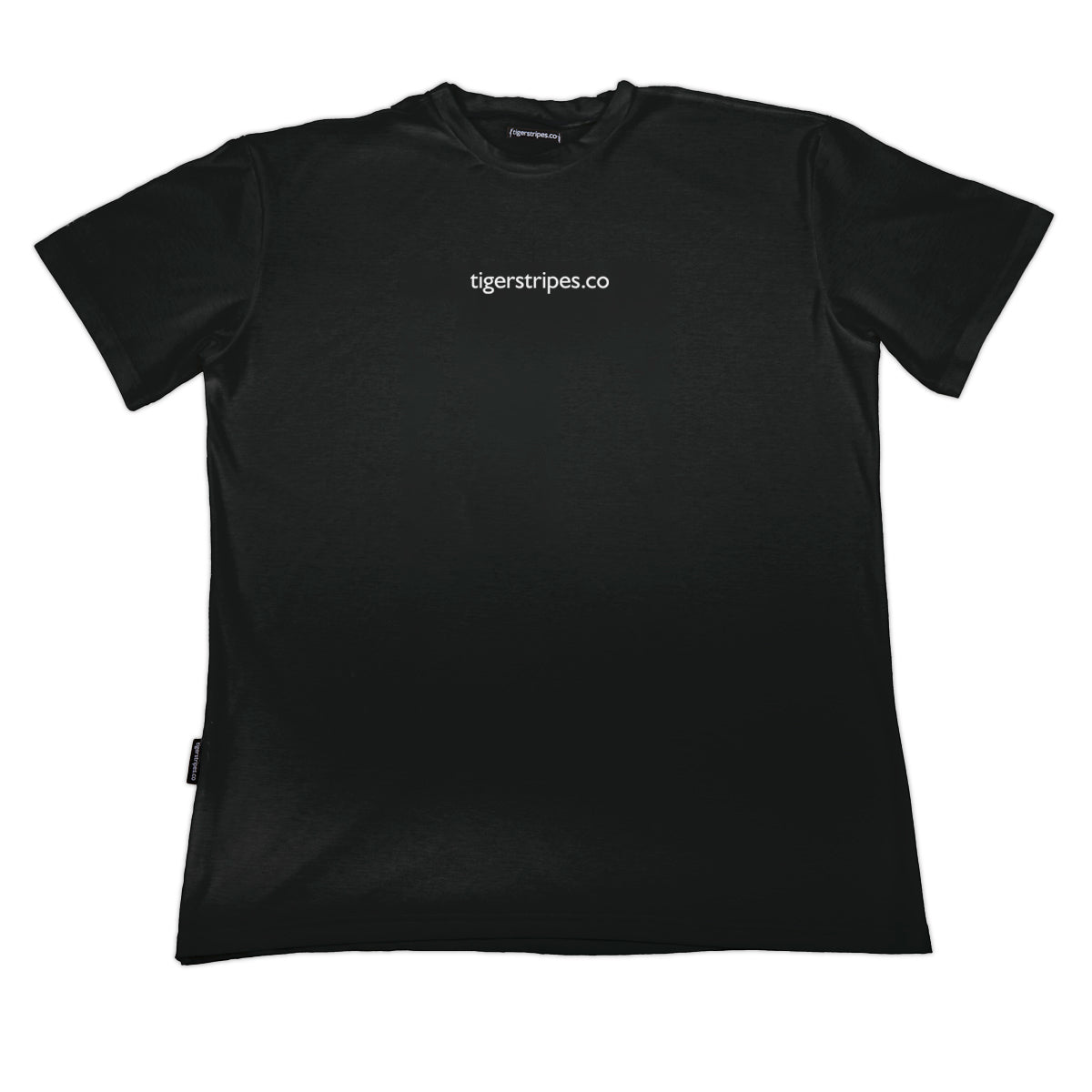 Black www.tigerstripes.co organic cotton tee with white logo on the front.