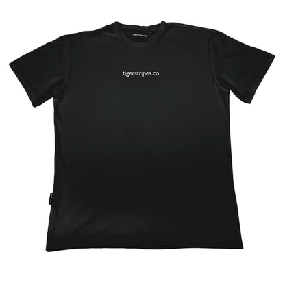 Black www.tigerstripes.co organic cotton tee with white logo on the front.