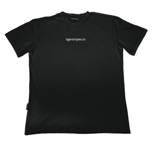 Black www.tigerstripes.co organic cotton tee with white logo on the front.