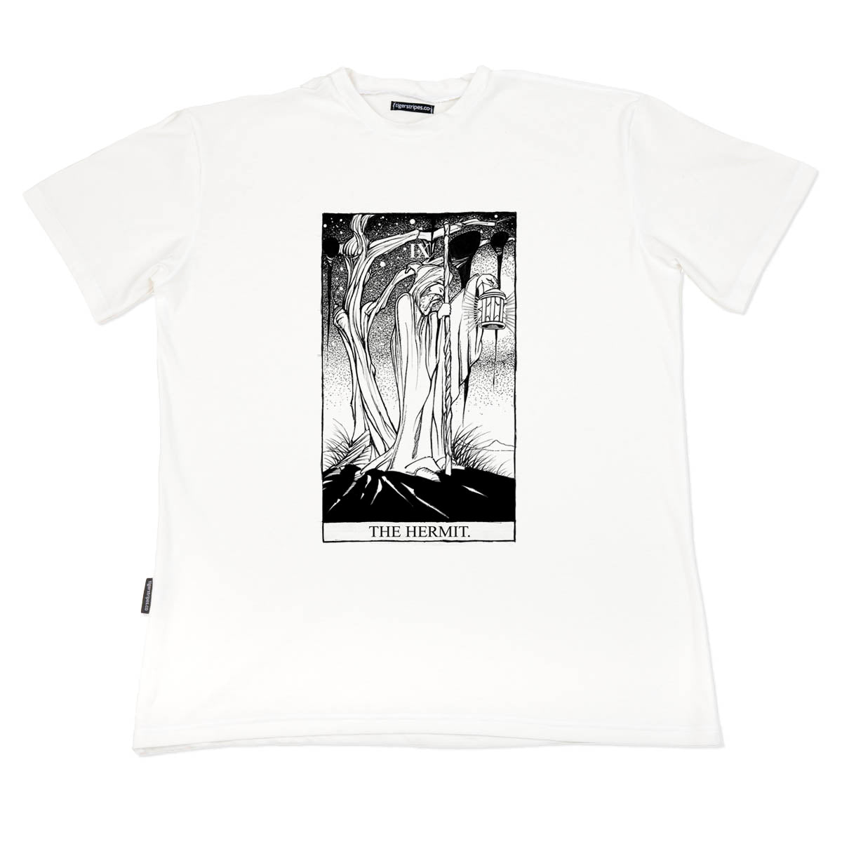 www.tigerstripes.co white organic unisex cotton tee, depicting an illustrated hermit. 