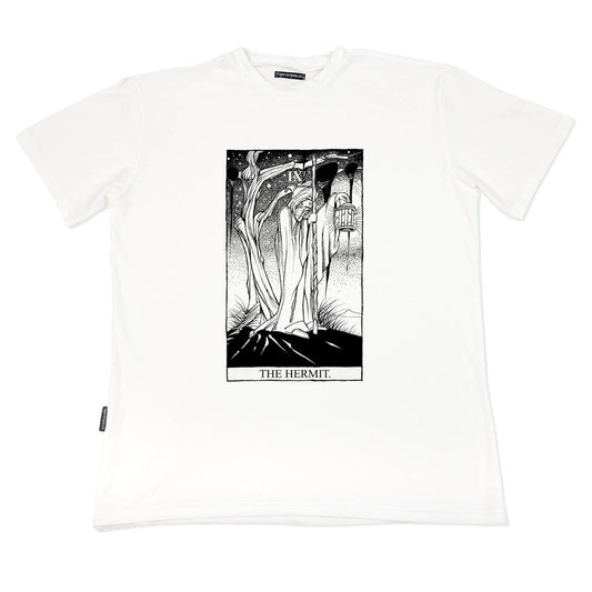 www.tigerstripes.co white organic unisex cotton tee, depicting an illustrated hermit. 