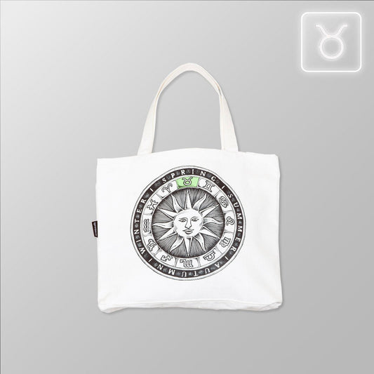 Zodiac Sun Dial - Taurus, Organic Cotton Canvas Tote Bag - www.tigerstripes.co - Tote Bag