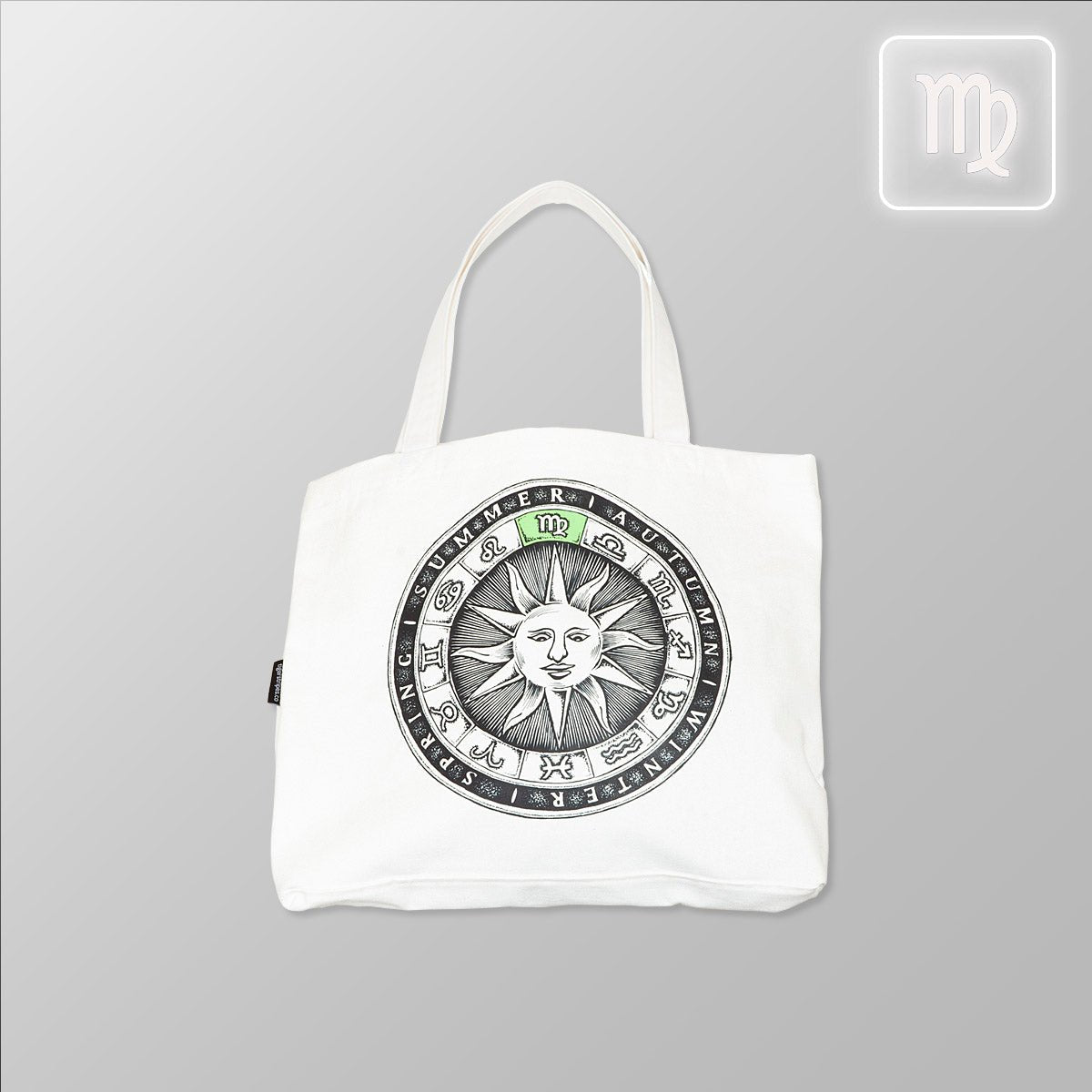 Zodiac Sun Dial - Virgo, Organic Cotton Canvas Tote Bag - www.tigerstripes.co - Tote Bag